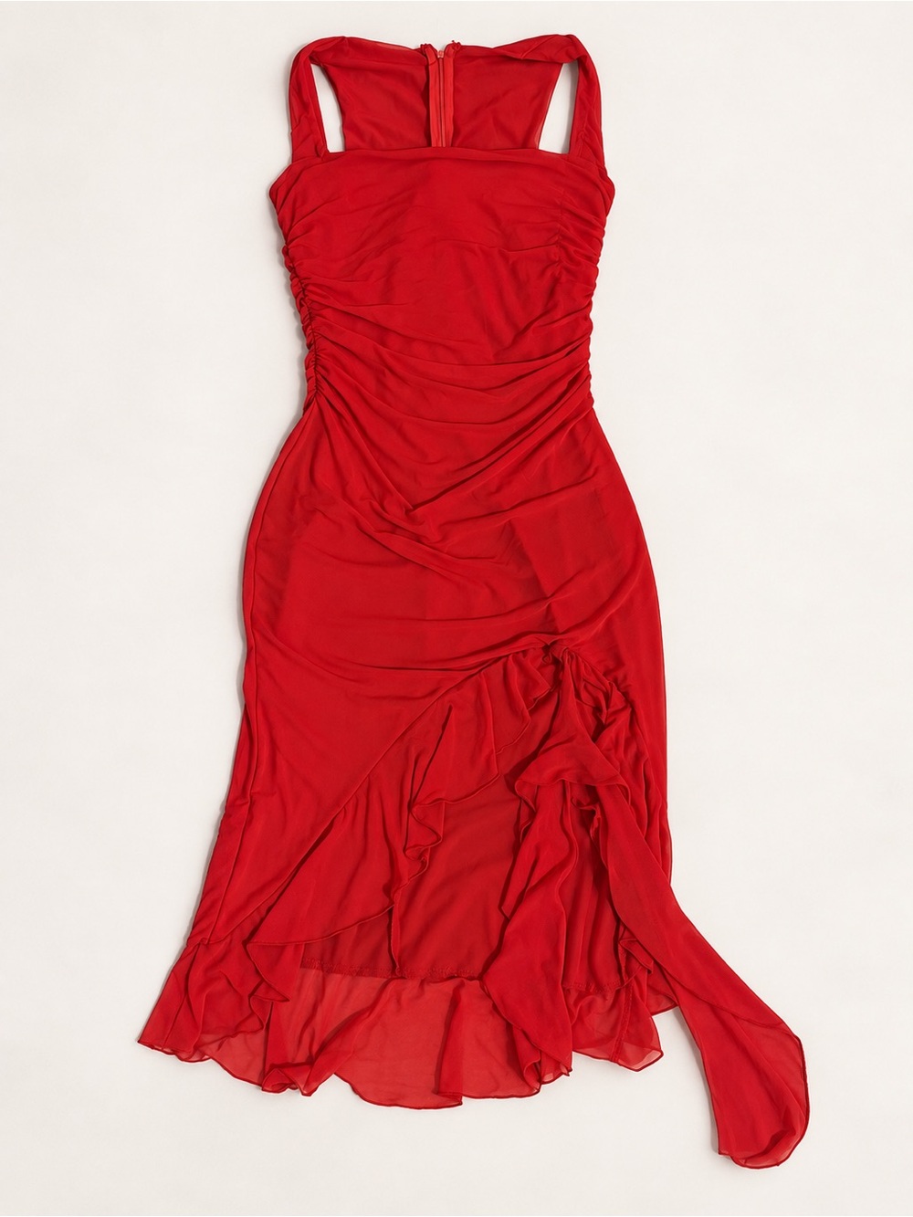Red Sleeveless Ruched Midi Dress